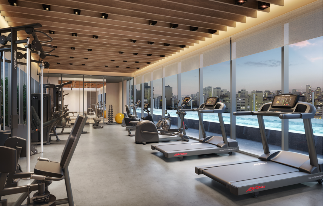 Perspectiva ilustrada do fitness center no rooftop da Torre Residences