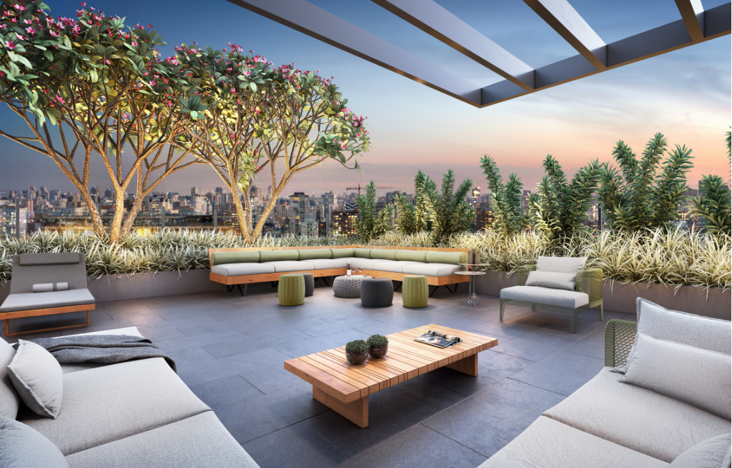 Perspectiva ilustrada do lounge da piscina no rooftop da Torre Residences
