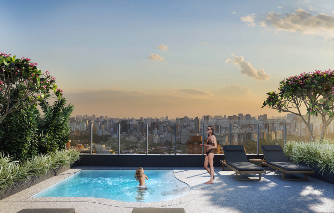 Perspectiva ilustrada da piscina infantil no rooftop da Torre Residences